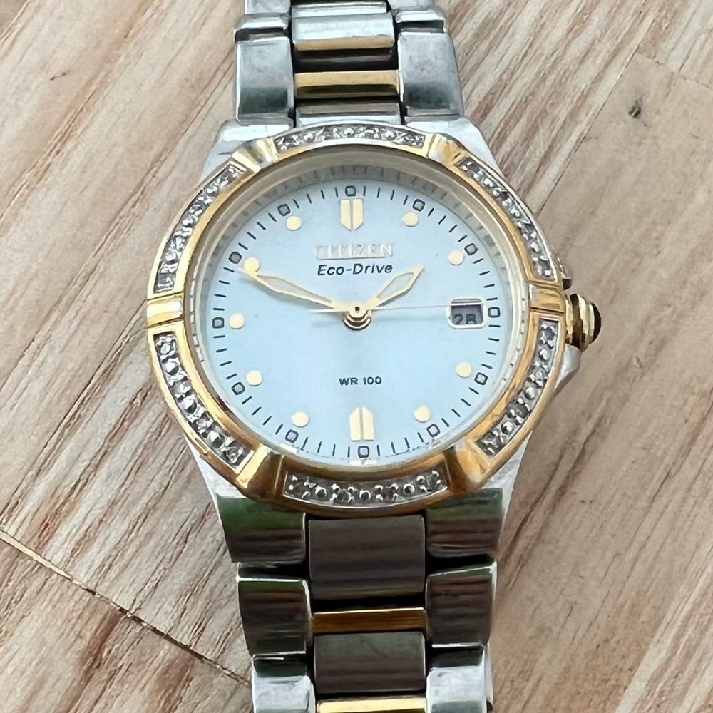 Citizen eco-drive ladies diamond two tone dress solar powered watch